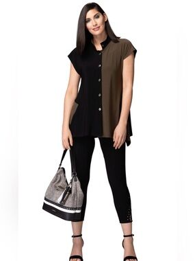 Joseph Ribkoff Black and Olive Green Two-Tone Button-Front Top Tunic Size 18